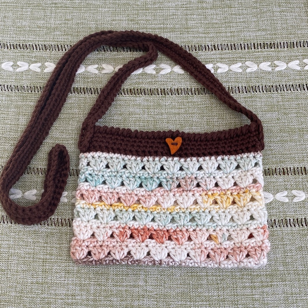 Handmade Brown-Trim Crochet Crossbody Bag